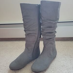 New gray suede ruched boots